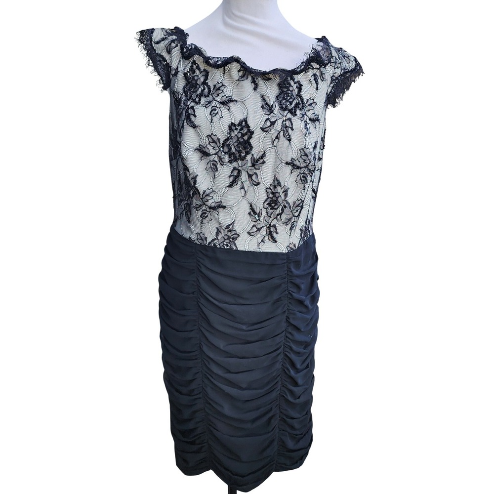 Tadashi Shoji Black Lace Ruched Sheath Dress Size 10 Elegant Evening Cocktail - Picture 1 of 10